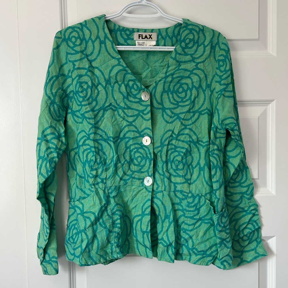 Flax Linen Peplum Teal Rose Floral Button-Up Blouse